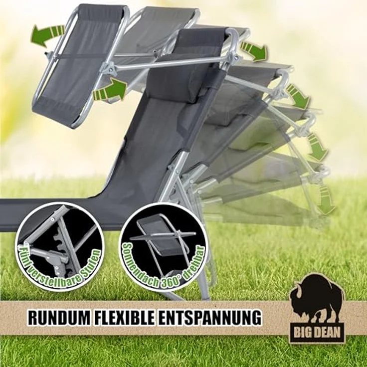 BigDean Sonnenliege klappbar mit Kopfkissen & Dach extra hoch dunkelgrau 150 kg belastbar - hochwertige Gartenliege für Balkon, Garten & Strand – Bild 7
