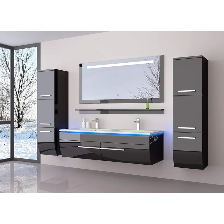 Homeline Badmöbel Set Doppelwaschbecken Waschbecken Spiegel und Ablage Vormontiert Badezimmermöbel LED Hochglanz lackiert Homeline1 Schwarz 120 cm 2 Hängeschränke – Bild 2