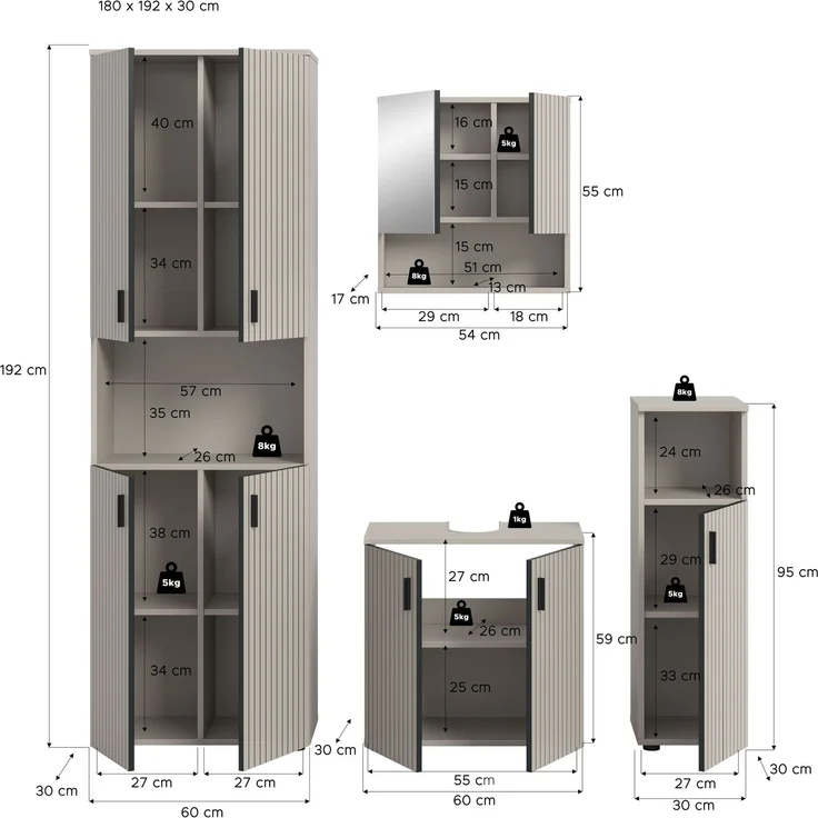 xonox. home – Badkombination Mone 180 x 192 x 30 cm in Kaschmir Nachbildung – 4-teiliges Set inkl. 2 Badschränken, Waschbeckenunterschrank & Spiegelschrank – Großzügiges Möbel-Set für perfekte Ordnung – Bild 4