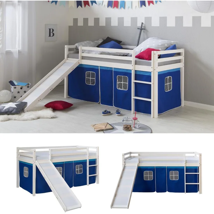 Hochbett Spielbett Kinderbett Rutsche Kiefer Vorhang blau 90x200 Jugendbett