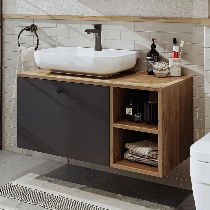 Skye Decor '2515' Badezimmerschrank mit Waschbecken, Atlantik-Kiefer / Anthrazit, 95 x 45 x 45 cm