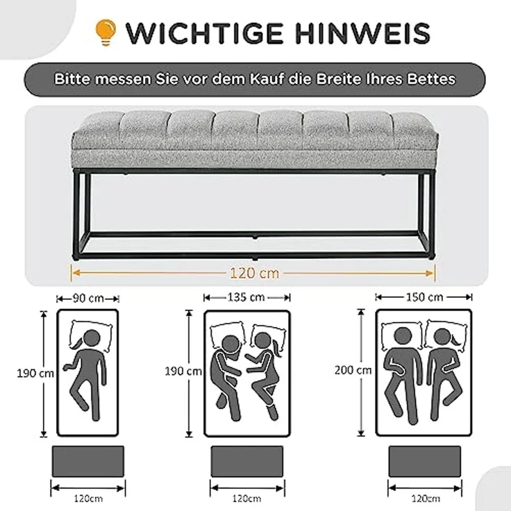 HOMCOM Polsterbank Bettbank in Leinenoptik (Schlafzimmerbank, 1-St, Schminkbank), Stahl, Hellgrau, 120 x 44 x 45,5 cm – Bild 3