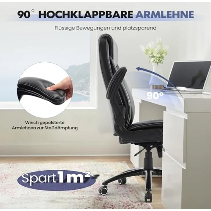 COLAMY Ergonomischer Bürostuhl, Office Bürostuhl Ergonomisch, 360° Drehung Chefsessel Schreibtischstuhl mit Hochklappbaren Armlehnen, Verstellbarer Rückenlehne, Höhe & Kippspannung, Schwarz – Bild 10
