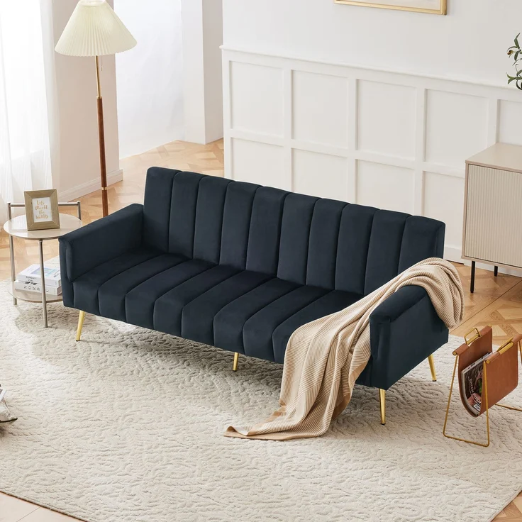 Schlafsofa 183 x 76 x 75 cm, 5-fach verstellbare Rückenlehne & Armlehnen, Samtstoff, multifunktionales Sofa mit Metallfüßen, bequemes Gästebett,Schwarz – Bild 2