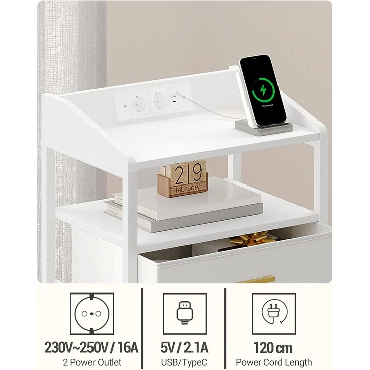 Nachttisch 2er Set, mit LED-Leuchten und Ladestation, Beistelltisch mit 3 Stoff-Schubladen und Regalen, mit USB-Anschlüssen & Steckdosen, für Schlafzimmer, Wohnzimmer, Weiß – Bild 3