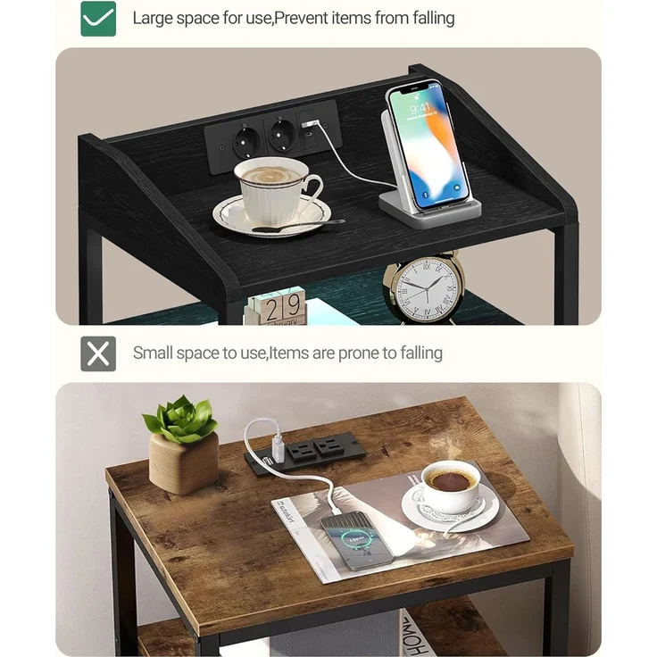 Nachttisch 2er Set, mit LED-Leuchten und Ladestation, Beistelltisch mit 3 Stoff-Schubladen und Regalen, mit USB-Anschlüssen & Steckdosen, für Schlafzimmer, Wohnzimmer, Schwarz – Bild 6