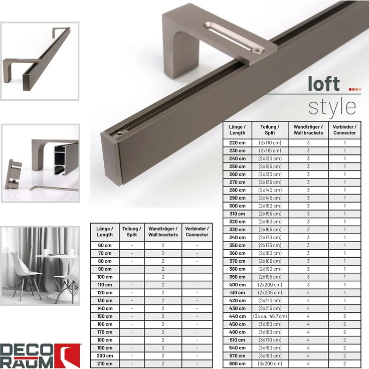 Deco-Raum® Gardinenschiene Innenlauf Loft | Länge: 280cm | Befestigung: Wandträger | Material: Aluminium | Farbe: Edelstahl optik – Bild 3