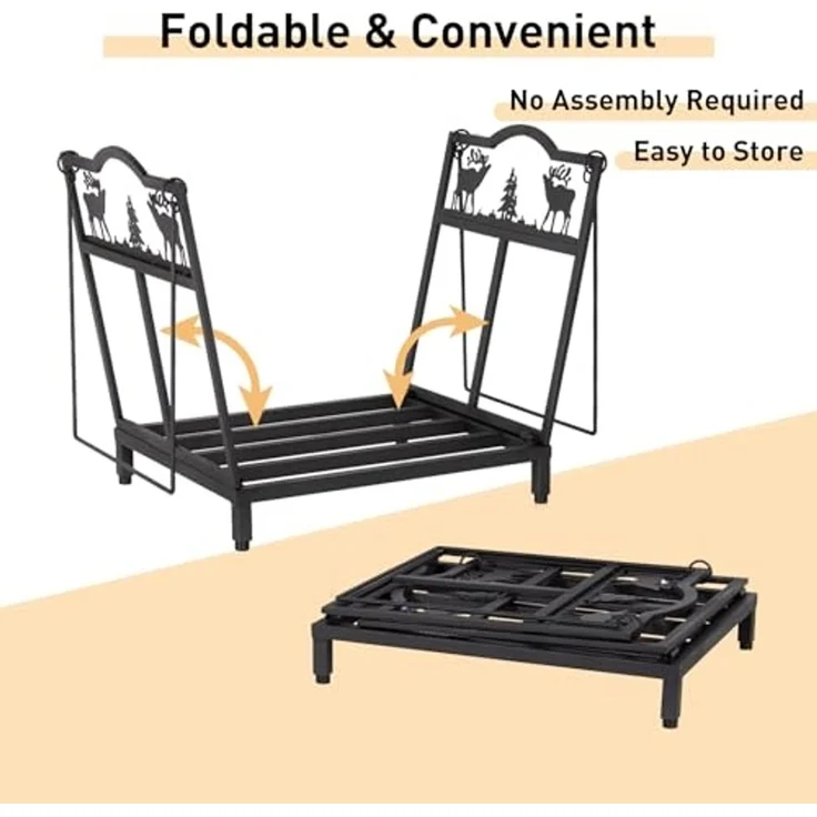 Todeco Faltbarer Kaminholzregal Metall, 38x32x40 cm, Elch-Motiv Brennholzregal, Kamin-Brennholzständer mit praktischem Griff für Innen und Außen – Bild 6