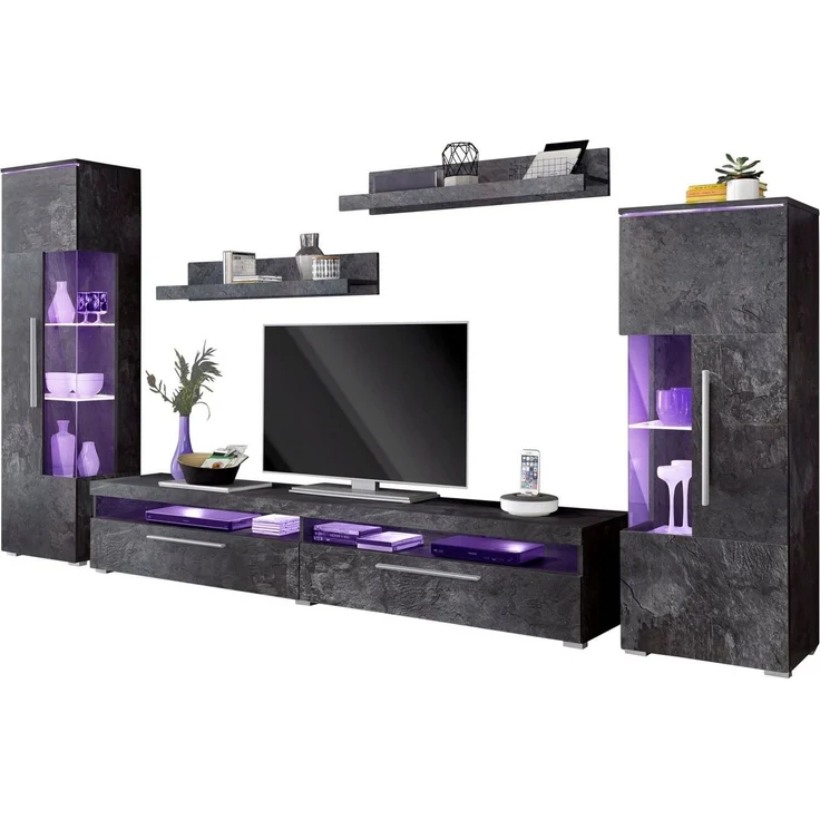 INOSIGN Wohnwand India,Breite 290cm moderne Mediawand ohne Beleuchtung, (Set, 5-St, fdete), Anbuwand (Set,5-St, 2xVitrine, 1TV-Schrank, 2xWandregal) viel Stauraum – Bild 2