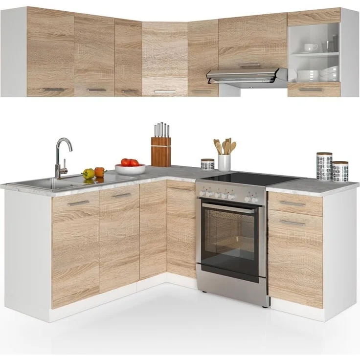 Eckküche R-Line Sonoma/Weiß 187 x 167 cm, AP Marmor mit LED-Leisten Vicco – Bild 9