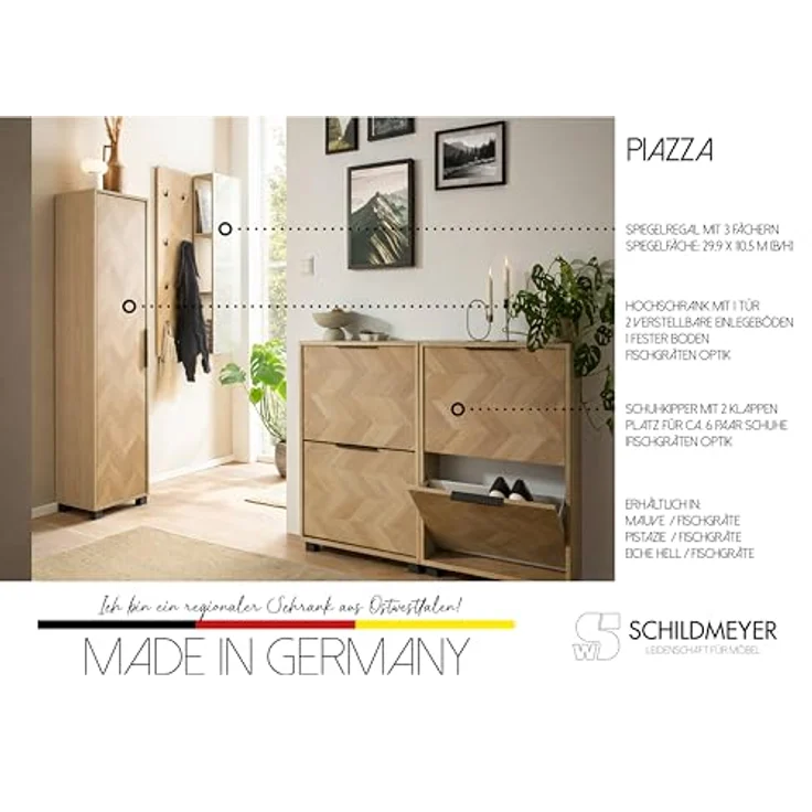 Schildmeyer Schuhschrank Schuhkipper Piazza 160869, Eiche hell Dekor/Fischgräten Dekor, 59,8 x 19,5 x 124,5 cm, platzsparend durch geringe Tiefe – Bild 6