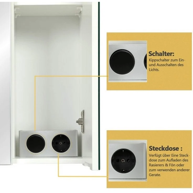 MSMASK Badezimmerspiegelschrank mit LED Beleuchtung, Steckdose und lichtschalter 70x15x60cm(BxTxH) (Ohne Matratze) Badezimmer spiegelschrank mit 3 Türen,Spiegel,Hängeschrank – Bild 4