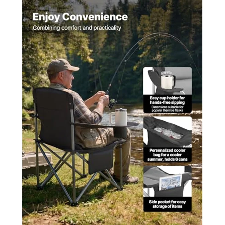 VEVOR 2 x Campingstühle (Übergroß) Faltstühle 204 kg Belastbar, Anglerstühle mit Gepolsterter Rückenlehne & Armlehnen, Klappstühel mit Getränkehalter & Seitentasche, für Outdoor-Aktivitäten Angeln – Bild 7