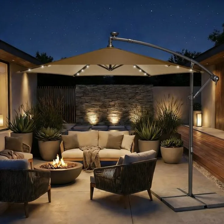 Songmics Sonnenschirm mit LED-Solar-Beleuchtung und Ständer, UPF 50+, Stahl taupe, Ø 300 cm