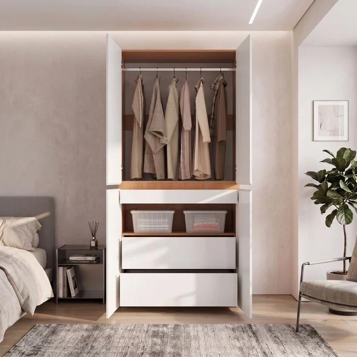 Rayofly-Hochschrank 90 x 50 x 200 cm, 4 Türen, Kleiderstange, 2 Schubladen, Schmuckschublade, moderner Garderobenschrank für Schlafzimmer, Flur, Kinderzimmer, Büro, Eiche/Weiß, H 200cm x T 90cm x B 50cm – Bild 3