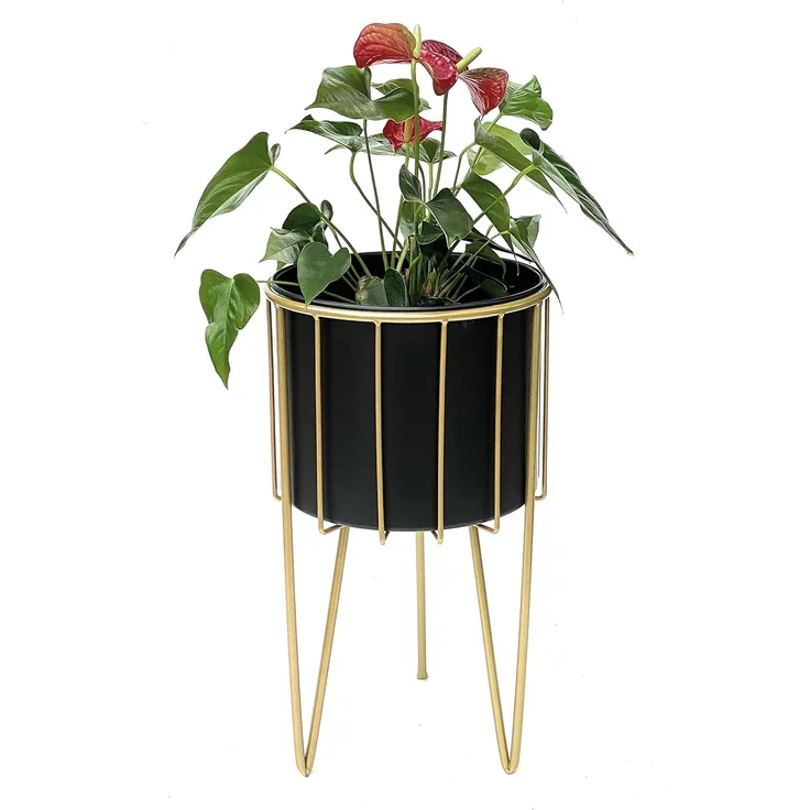DanDiBo Blumenhocker mit Topf Metall Gold Schwarz Rund L 45 cm Blumenständer 96039 Blumensäule Modern Pflanzenständer Pflanzenhocker
