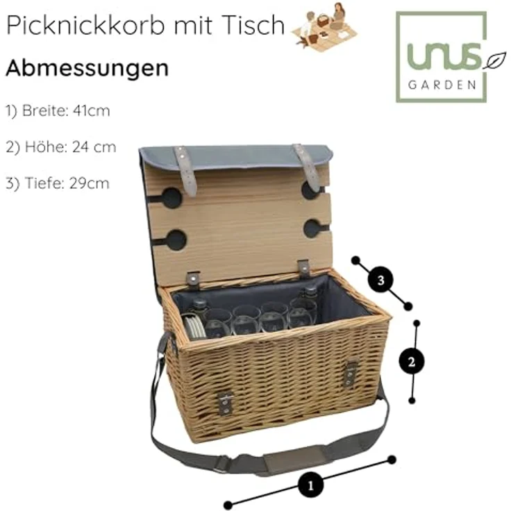 UNUS GARDEN Picknickkorb Weiden-Picknickkorb (41 x 29 x 24 (BxTxH), 4-Personen 33-teiliges Komplettset Serviertisch Picknickdecke Geschirr – Bild 6