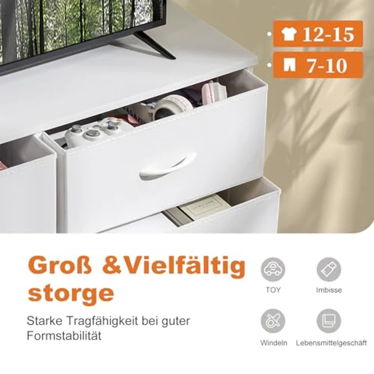 DUMOS Kommode für Schlafzimmer mit 7 Stoffschubladen hohe Kommode Organizer für Kleidung Schrank Kinderzimmer Aufbewahrungsturm mit Schrank Metallrahmen Holzplatte leichte Kinderzimmermöbel – Bild 5