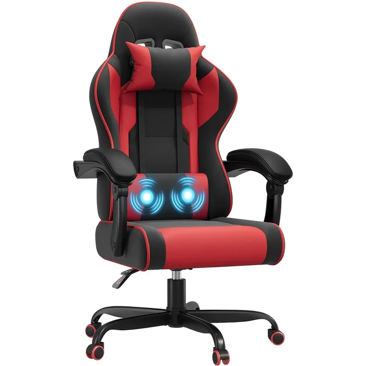 JUMMICO Gaming Stuhl mit Massagefunktion & 135° Rückenlehne, Ergonomischer Bürostuhl für Gaming und Homeoffice, Gaming Bürostuhl Belastbar bis 150 kg, Rot