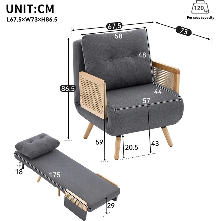 Schlafsessel 67,5x73x86,5 cm in Grau, Leinenstoff, 3-in-1 mit Schlaffunktion und 5-fach verstellbarer Rückenlehne – Bild 5