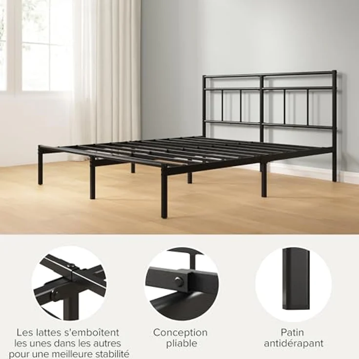 Zinus Elias 140 x 190 cm – Bettgestell aus Metall mit Kopfteil – einfache Montage – Höhe 30 cm – Bett mit Metalllattenhalterung – Stauraum unter dem Bett – modernes Design – Schwarz – Bild 6