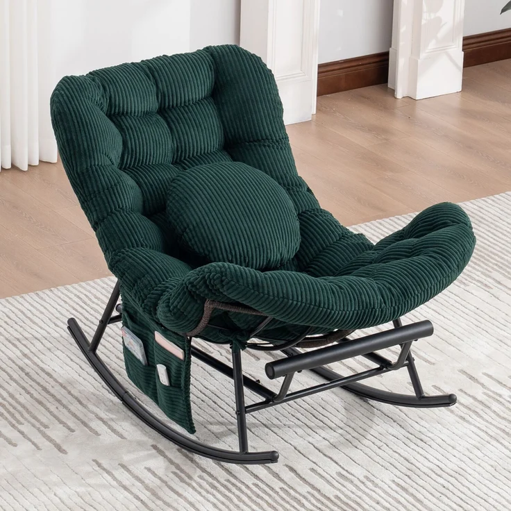 LVHOM Schaukelstuhl mit ausziehbarer Fußstütze, Rattanstuhl mit Stahlrahmen, Schaukelsessel mit gepolstertem Kissen und Seitentasche, Lounge Sessel, 1 St, Dunkelgrün – Bild 9