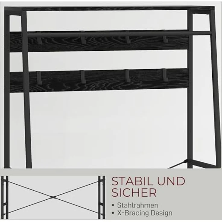 HOMCOM Garderobenständer mit Schuhregal, 2 Schubladen, 8 Haken, Ablage, (Kleiderständer, 1 St, Garderobe), für Eingangsbereich, Flur, Schlafzimmer, Schwarz – Bild 6