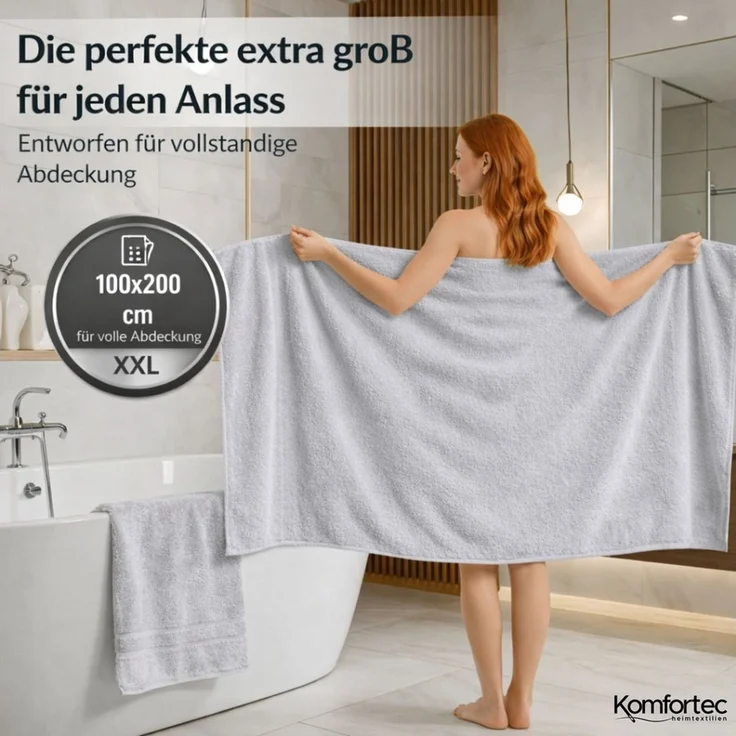 Komfortec Badetuch 100x200 cm aus 100% Baumwolle, Saunatuch XXL, Weich, Groß, Frottee, Schnelltrocknend, Silber – Bild 1