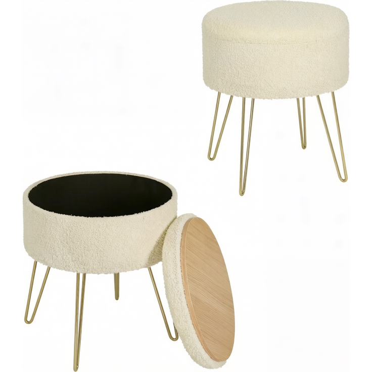 Fußhocker in Lammfell-Optik mit Stauraum und Wendedeckel, Ø 39x44 cm, Beige – Bild 5