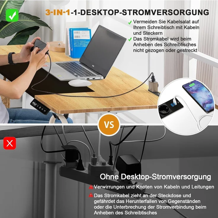 COMHOMA Höhenverstellbarer Schreibtisch 140x60 cm mit USB-Buchse und Haken, Elektrisch Verstellbarer Computertisch, Steh-Sitztisch Stehpult Stehschreibtisch braun – Bild 6