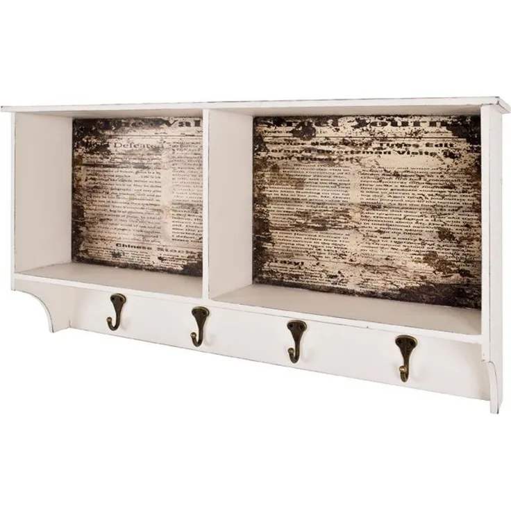 Haku Wandgarderobe Wall Street, Vintage-Optik mit 2 Ablageflächen und 4 Metallhaken, weiß-braun, MDF, 76x15x40 cm