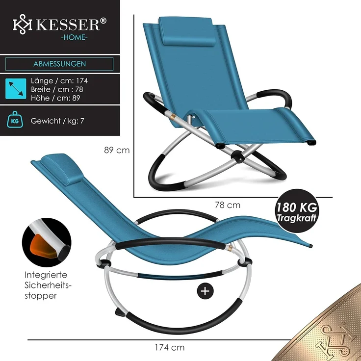 KESSER® Relaxliege Liegestuhl | Gartenliege | Gartenstuhl | Klappstuhl faltbar | Schwungliege | Schaukelsessel | ergonomische Relaxsessel | wetterfest | 180 kg Belastung | 174 x 78 x 89 cm Petrol Blau – Bild 7