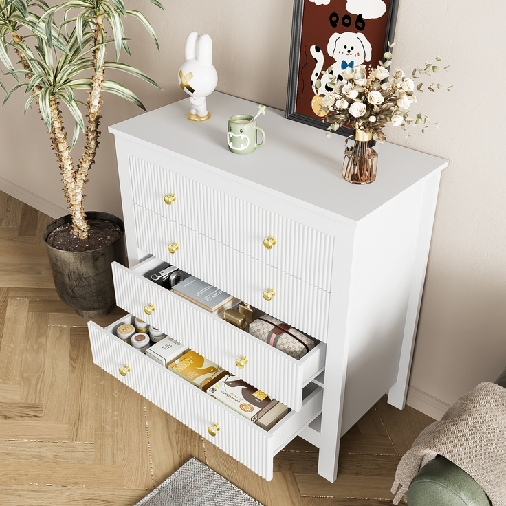 Kommode mit 5 Schubladen Weiss Struktur Front Gold Griffe Sideboard Aufbewahrung Schrank Schlafzimmer Wohnzimmer 80cm – Bild 5