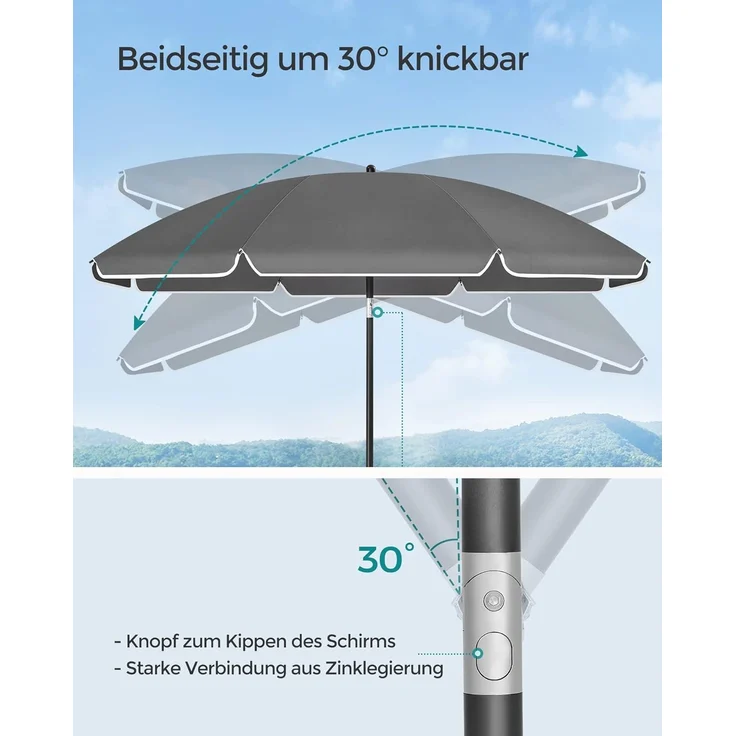 SONGMICS Sonnenschirm 200 cm, Sonnenschutz, UPF 50+, Strandschirm, beidseitig um 30° knickbar, höhenverstellbar, mit Tragetasche, für Balkon, Garten, Terrasse, Strand, ohne Ständer, grau GPU065G01 – Bild 3