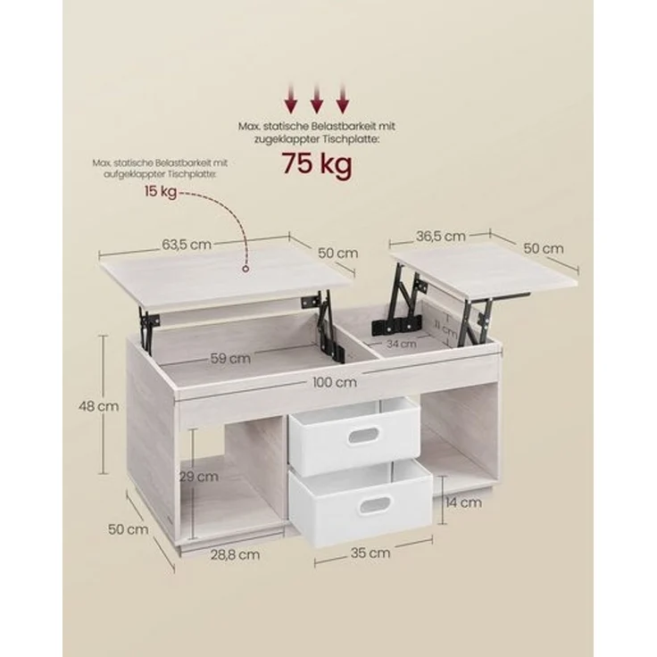 Vasagle Couchtisch, höhenverstellbarer Wohnzimmertisch, 2 Schubladen und versteckte Fächer, Kaffeetisch, offene Fächer, für Wohnzimmer, Homeoffice, haferflockenbeige – Bild 5