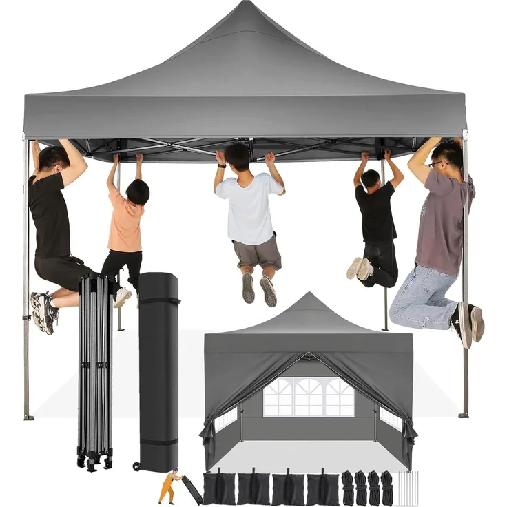 COBIZI Faltpavillon 3x3 Wasserdicht Stabil Winterfest mit Seitenwand,Pop Up Pavillon Partyzelt,Sonnenschutz Gartenpavillon,Pavillon Faltbar mit Tasche mit Rollen(3 mal 3m Grau)