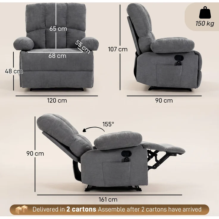 Wohnora-Massagesessel mit Wärmefunktion, bequemer Fernsehsessel mit Fußablage, Grau,H 1070cm x T 1200cm x B 900cm – Bild 4