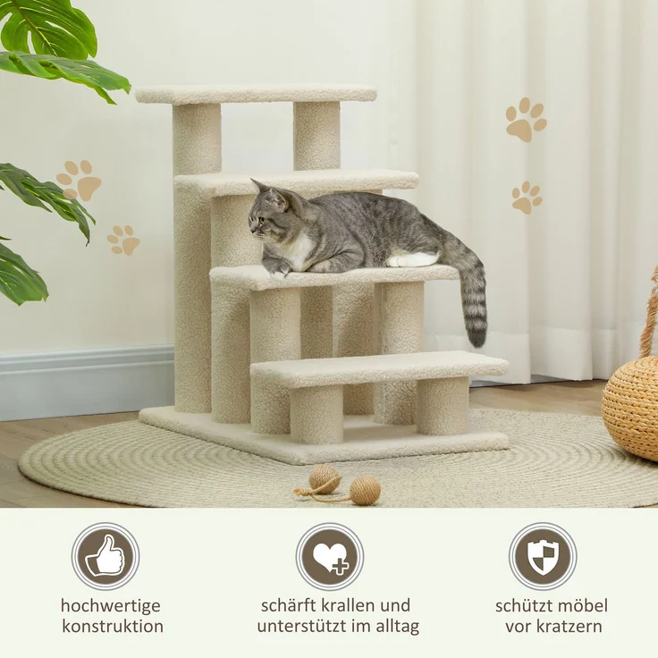 JARDJ Tiertreppe für Hunde und Katzen 4-Stufen Plüsch Beige 63,5x43x60cm ideal für ältere Tiere – Bild 4