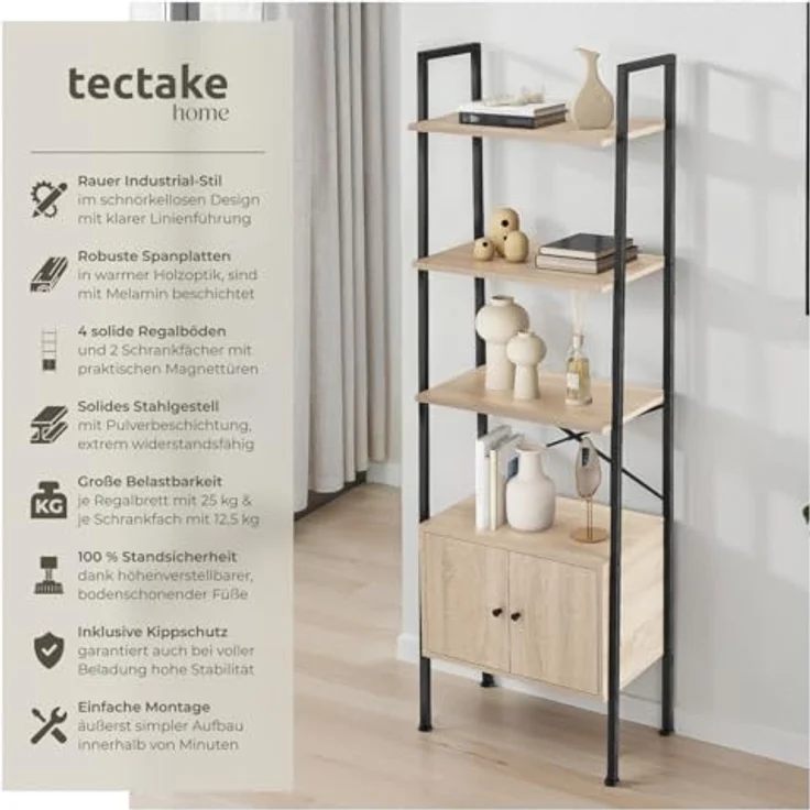 tectake Leiterregal Brentwood, Rechteckig in Natur, Holzwerkstoff mit Beton Optik, 34x173x57,5 cm, 4 Ebenen und 2 Schrankfächern – Bild 3