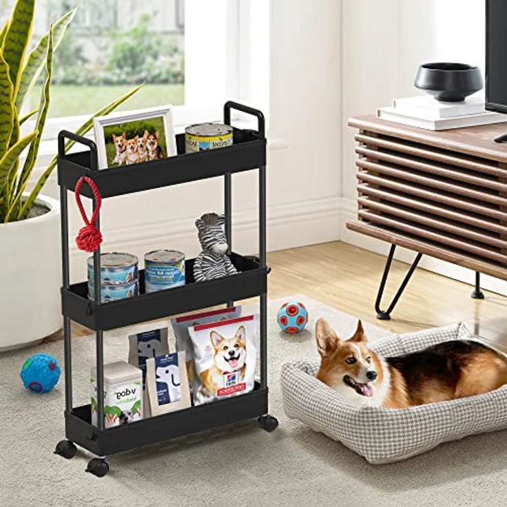 SOLEJAZZ Rollwagen, Küchenwagen mit 3 Ebenen, Schmale Rollwagen Nischenregal auf Rollen für Küche, Bad, Waschküche, Schlafzimmer, schmale Plätze, Kunststoff,mit Griffen, 13 x 40 x 61 cm,Schwarz – Bild 7