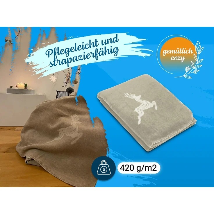 ZOLLNER Kuscheldecke, 150x200 cm, creme (beige) mit Hirschmotiv, 60% Baumwolle / 40% Polyacryl – Bild 5