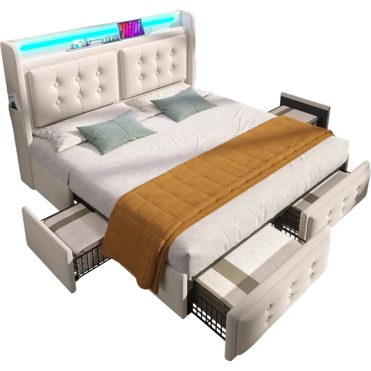 Polsterbett 180x200 cm mit LED & Ladefunktion, 4 Schubladen, Baumwoll-Leinen-Bezug, Beige – Bild 5