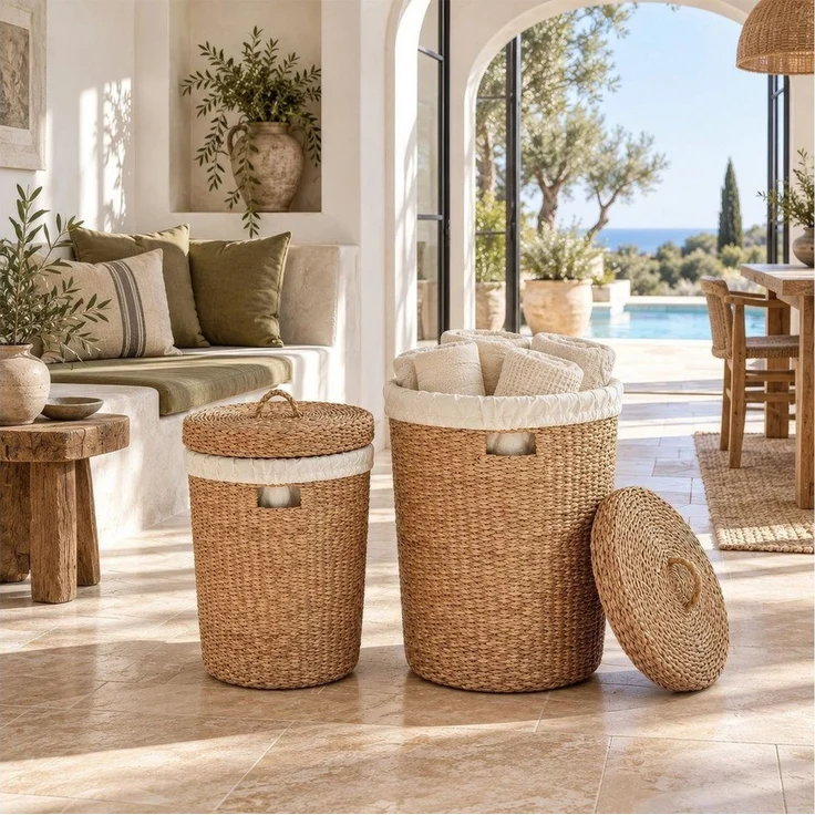Casa Moro Wäschekorb mit Deckel aus Seegras, rund, 38/75 L (Set, 2 St, S: Ø 32 x H 52 cm, M: Ø 42 x H 60 cm), Handgeflochten, Wäschebeutel herausnehmbar und bei 30 °C waschbar – Bild 4