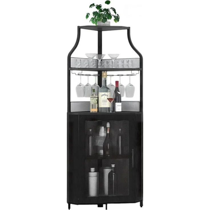 GarveeMore Weinschrank 5-stöckiges mit Glasständer und verstellbaren Regalen,47x32x154cm industrielles Eckschrank,Barschrank mit Türen aus Metallgitter für bar – Bild 5
