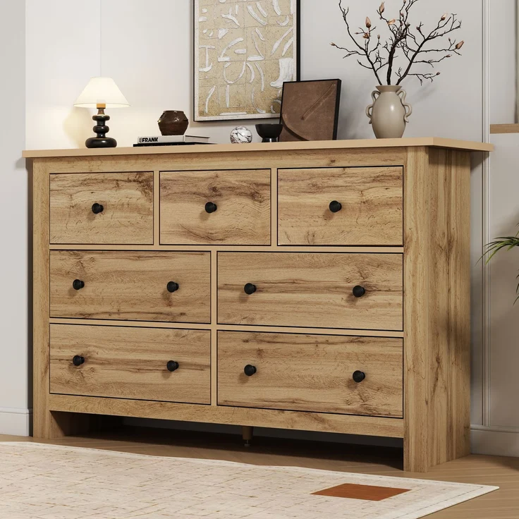 Sideboard Landhausstil Holzfarbe mit 7 geräuschlosen Schubladen, verstellbarer Mittelfuß, Kippsicherung, Stauraum – Bild 5