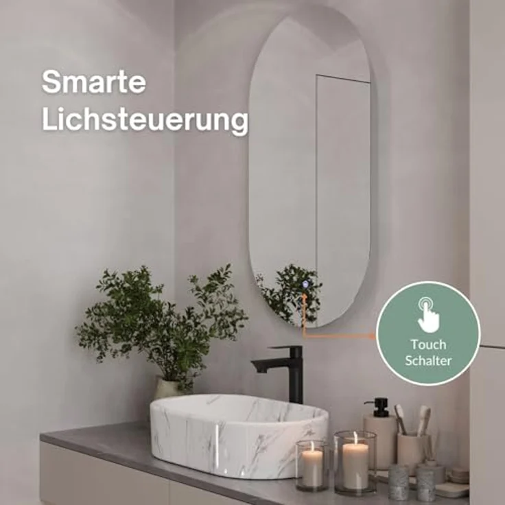 Planetmöbel Badspiegel SP-508 mit LED-Beleuchtung, 50 x 90 cm, oval, Touchschalter, 2 Lichtstufen (4000-4200K), rahmenlos – Bild 3