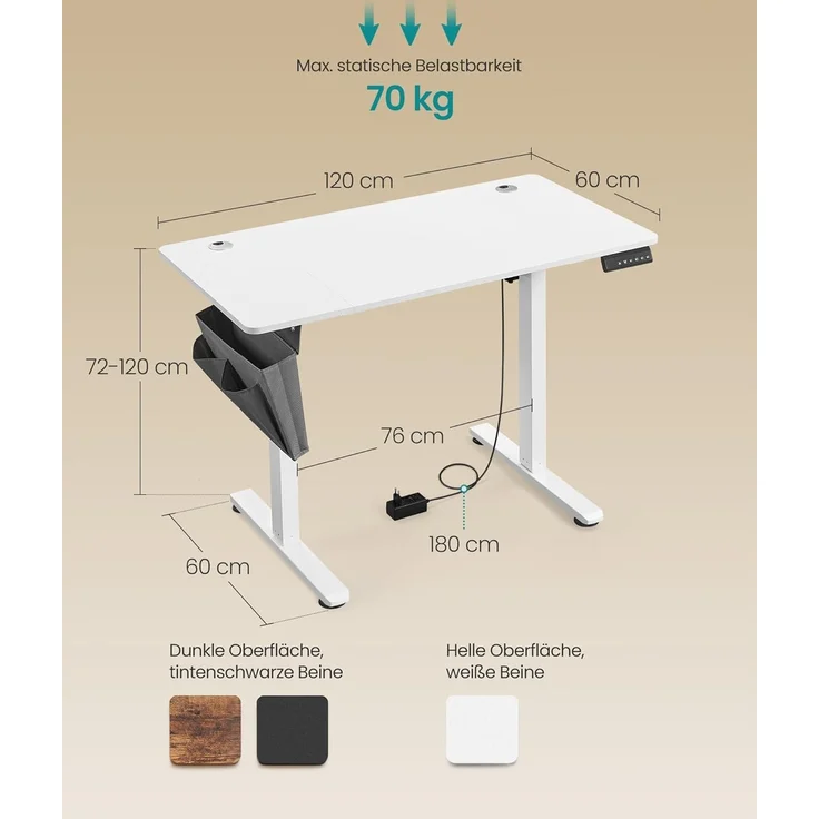 Songmics Höhenverstellbarer Schreibtisch elektrisch, 60x120 x (72-120) cm, Verstellbarer Tisch, Memory-Funktion für 4 Höhen, für Homeoffice, Arbeitszimmer, wolkenweiß LSD132W01 – Bild 3