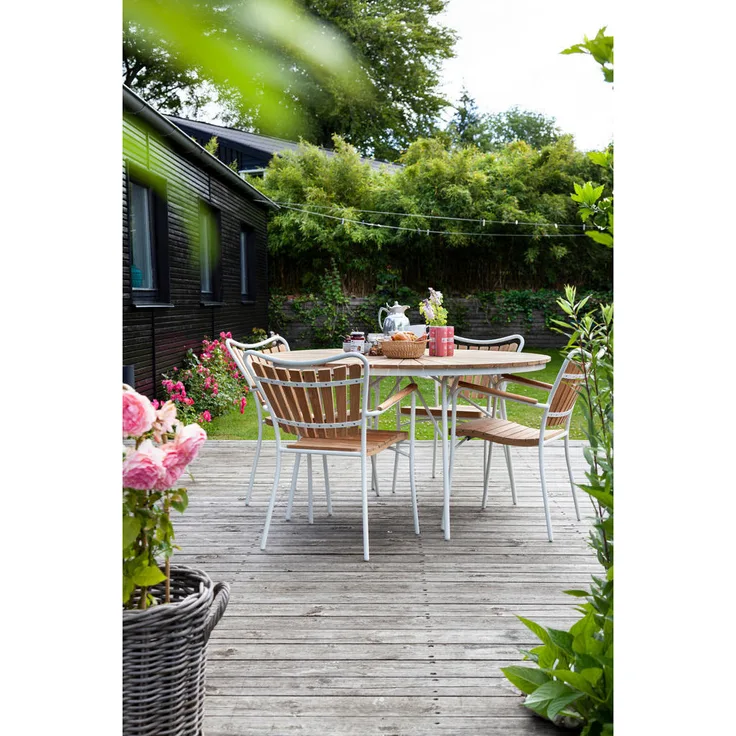 Gardenson Gartentisch, rund, weiß, vollmassiv aus Teakholz, rostfrei, wetterbeständig, 110 cm Durchmesser, skandinavisches Design