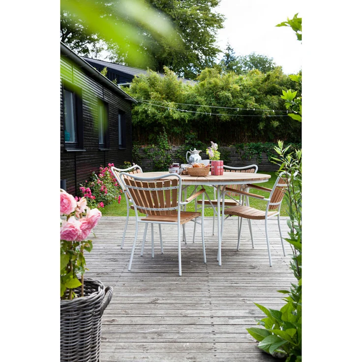 Gardenson Gartentisch, rund, weiß, vollmassiv aus Teakholz, rostfrei, wetterbeständig, 110 cm Durchmesser, skandinavisches Design