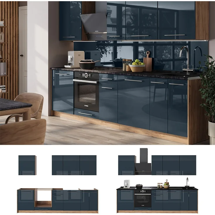 Küchenzeile Fame-Line Dunkelblau Hochglanz/Goldkraft Eiche 280 cm, AP Marmor Vicco – Bild 4